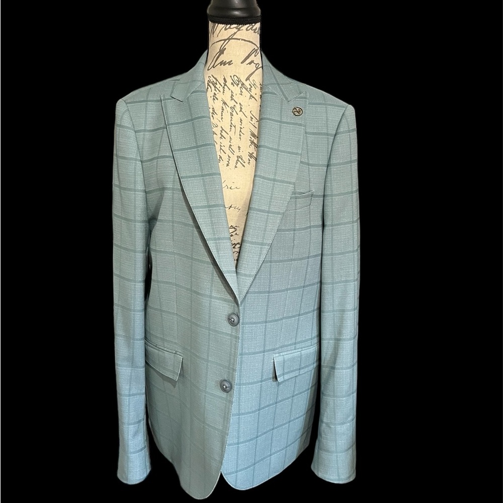 Agiboss Green Striped 3 Piece Men's Suit Pre-Owned with Windowpane design